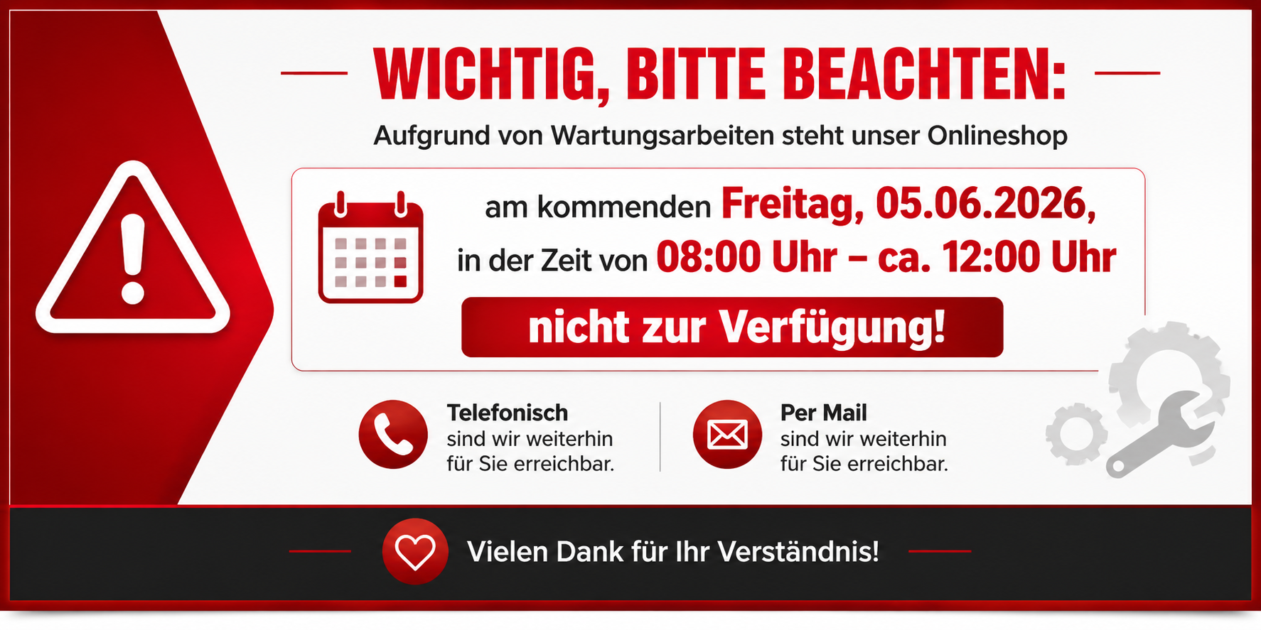 Info Wartungsarbeiten Onlineshop 05.06.26